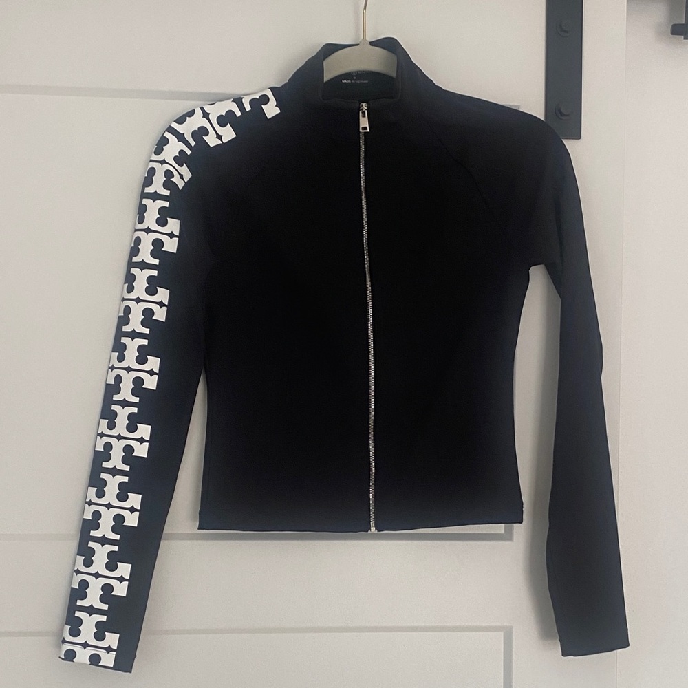Tory Burch Black Zip-Front Women's Jacket with White Logo-Accent Sleeve Small